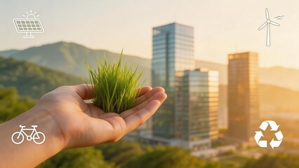 Hand holding grass with green energy icons