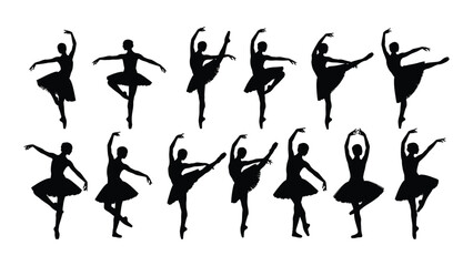 Graceful ballerinas performing various ballet poses in a black and white silhouette isolated on white background, Vector © Creative Designs