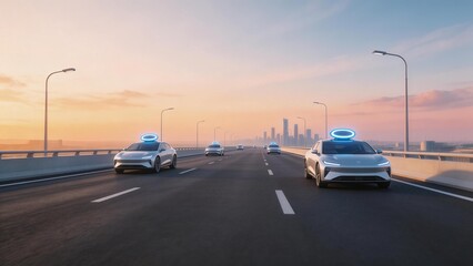 Selfdriving cars on highway at sunset