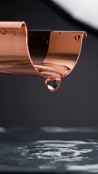 A copper gutter drains water, creating splashes and a continuous flow. Dark, blurred background