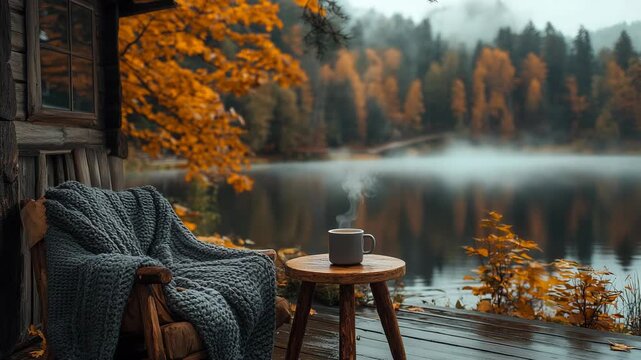 Rustic wooden porch by misty autumn lake with warm blanket and steaming coffee cup, symbolizing comfort, relaxation, solitude, nature retreat, cozy atmosphere and peaceful fall morning by forest water
