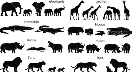 African safari animal silhouette collection featuring elephants, giraffes, crocodiles, hippos, rhinos, and lions, cad drawing flat vector illustration, isolated white background. © "Hello"