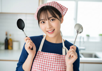 キッチンでお玉を持って明るく微笑むエプロン姿の女性
