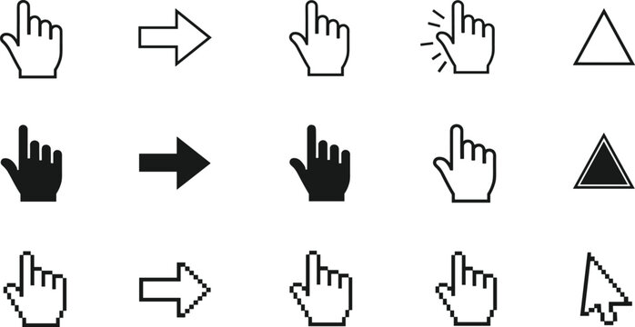 Cursor icons collection, hand pointer symbols, arrow and triangle interface graphics, pixelated and outline design set, digital UI UX iconography illustration