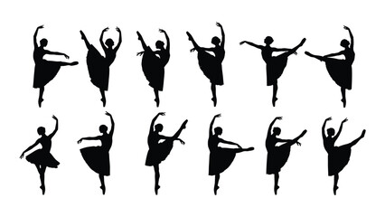 Graceful ballerinas performing various dance moves in silhouette isolated on white background, Vector © Creative Designs