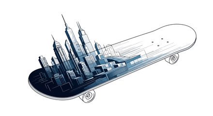 Skateboard with Abstract City Skyline Graphic Emerging, Conceptual Urban Art © adam