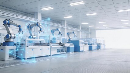 Automated robotic assembly line in factory