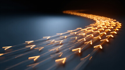 A Stream of light arrows creating a path, concept of direction and progress. The arrows, radiating energy, depict the concept of going forward, journey, and process