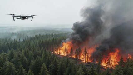 Drone flying over forest fire