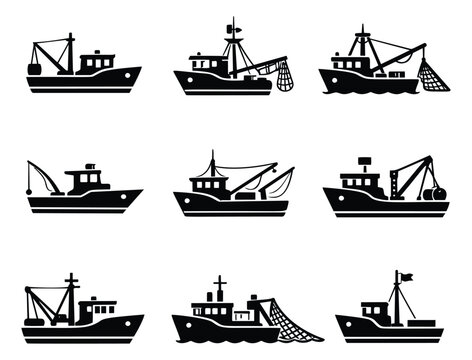 Silhouette fishing boat icon set featuring various vessels with fishing equipment for maritime design