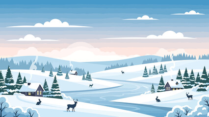 Serene Winter Landscape with Snow-Covered Hills, Village, and Frozen River