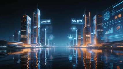 Futuristic cityscape with digital overlays