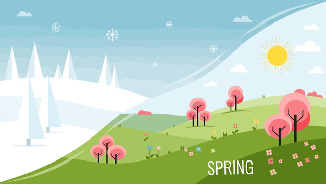 Seasonal Transition: Winter to Spring Landscape with Snow Melting and Blooming