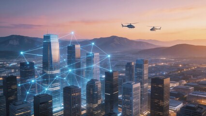 City skyline with helicopters and network connections