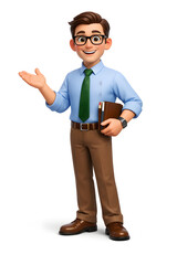 Obraz premium A friendly animated character in business attire, smiling and gesturing with a notebook.
