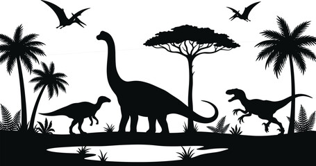 Dinosaur silhouette landscape with Brachiosaurus, Tyrannosaurus Rex, Pterodactyl, palm trees, and prehistoric nature scene, cad drawing flat vector illustration, isolated white background. © "Hello"