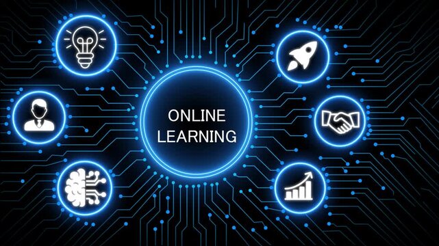 A glowing neon online learning concept surrounded by smaller icons for ai and manufacturing process management all connected in a digital circuit like pattern, manufacturing planning, 