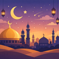 Vector illustration of a person worker in profession work isolated among people in a mosque landscape at night with crescent moon and stars