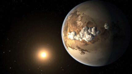 Naklejka premium Stunning digital illustration of an exoplanet with a bright star, showcasing detailed surface features, swirling cloud formations, and a vast, star-filled cosmic background.