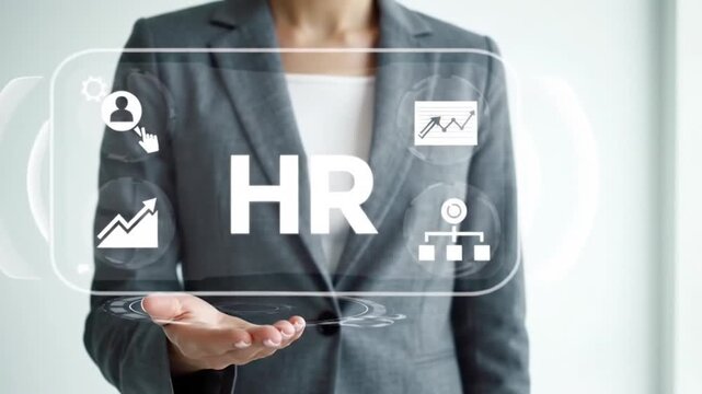 HR Innovation: A visionary individual presents a digital interface bearing the initials HR, symbolizing a fusion of Human Resources and cutting-edge digital technology.