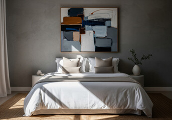 抽象画が飾られたモダンで洗練された雰囲気の落ち着く寝室