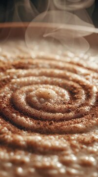 Close-up of steaming cinnamon swirl pastry on a baking sheet