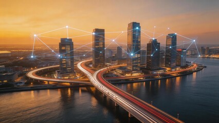 City skyline with connected network overlay