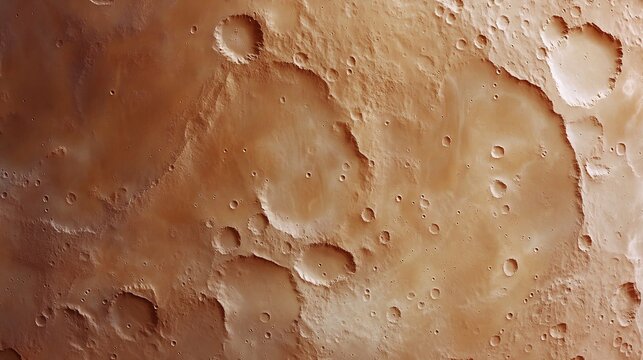 Detailed digital illustration of a cratered planetary surface with a warm reddish hue, showcasing numerous impact craters and subtle surface variations in a desolate landscape.