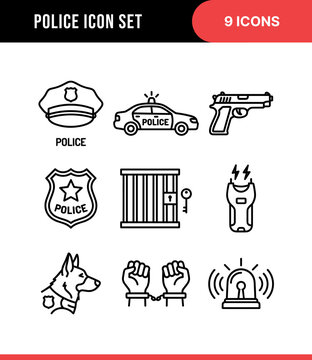 Simple Outline Police Icon Set with Hat Car Gun Badge and More