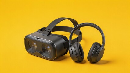 Black virtual reality headset and headphones