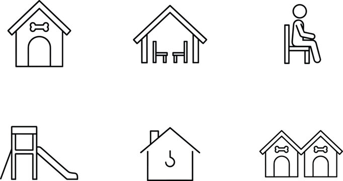 Dog house furniture playground and pet shelter line icon set vector collection