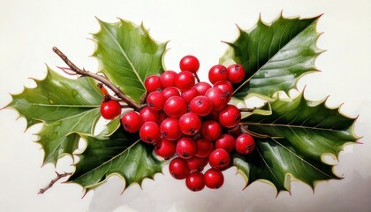 Obraz premium Festive Holly Berry Arrangement with Green Leaves for Christmas Decor.