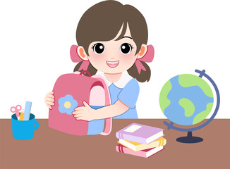 Young girl holding a pink backpack with a globe and books on the table beside her, ready for school