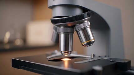Close up of a scientific laboratory microscope with illuminated specimen stage and shallow depth of field