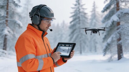 Man operating drone in snowy forest