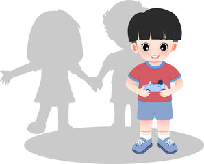 A young boy holding a game controller stands in front of silhouetted children, illustration of childhood playfulness
