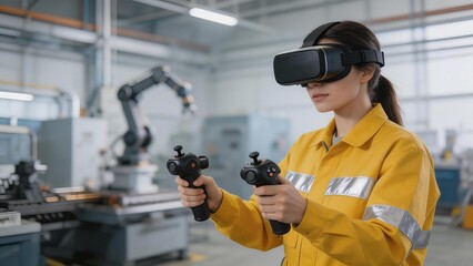 Woman using VR in industrial setting
