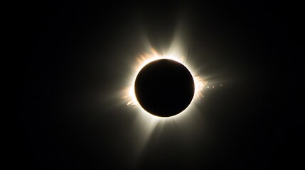 Naklejka premium Dramatic solar eclipse with the Earth eclipsing the Sun, showcasing a radiant corona and bright solar flares against a dark sky, a stunning celestial event.