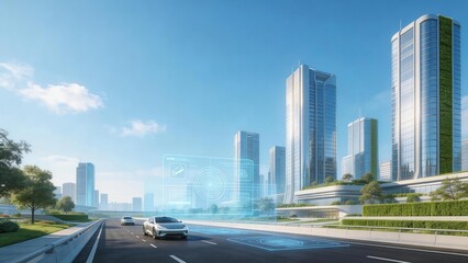 Futuristic city highway with smart cars