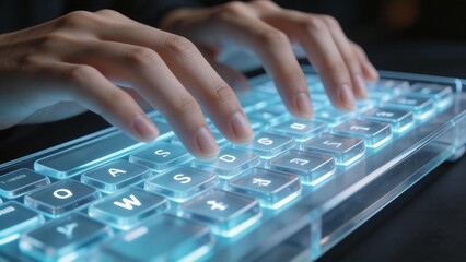 Hands typing on a glowing transparent keyboard