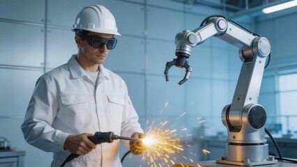 Worker welding near robotic arm