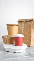 Stack of assorted takeout containers and a brown paper bag on a gray surface