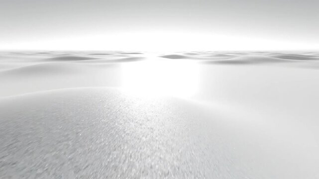 Panoramic view of a vast, serene landscape with a bright light source reflecting off a flat,