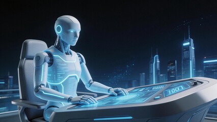 Futuristic robot at control console