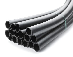 Fototapeta premium Stack of black, smooth, round pipes bundled with green tape on a white background