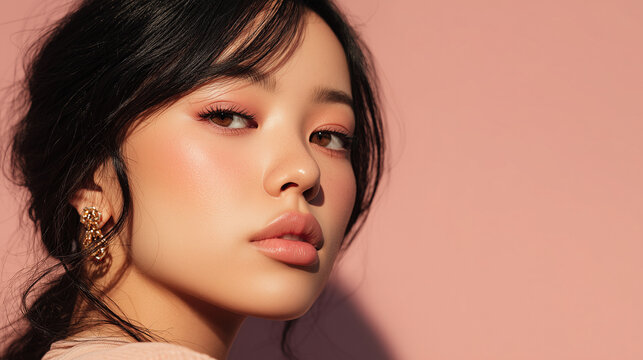 beautiful korean woman with subtle glam makeup and pink background, portrait of young beauty influencer with elegant eye makeup, glowing skin and soft coral makeup look for k-beauty concept