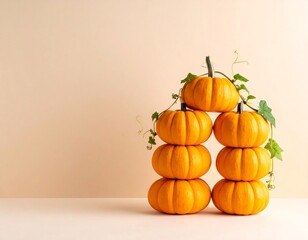 Stack of bright orange miniature pumpkins topped with vines on a pastel background