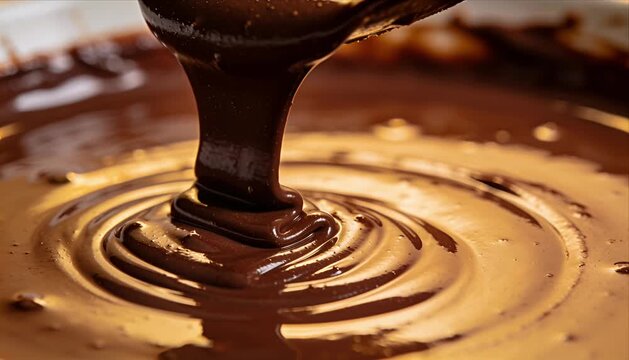 Sensory chocolate macro close up view of flowing melted dark chocolate creating rich smooth swirl ripple pattern with creamy texture inviting indulgent sweet dessert mood for gourmet food background