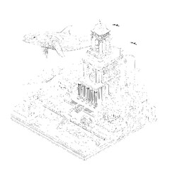 Fototapeta premium Isometric ancient temple with bull sculpture architecture illustration line art