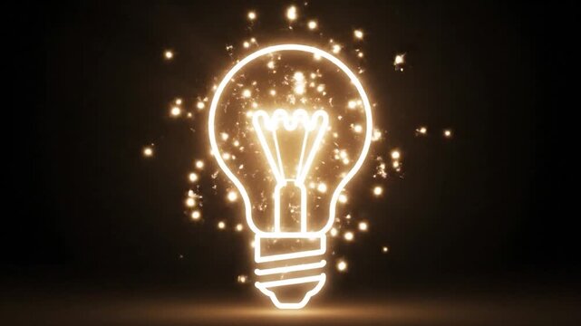A glowing, white line outline of a light bulb against a solid black background